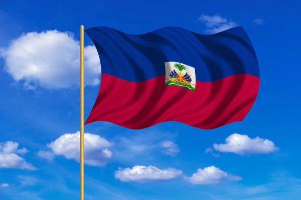 Vlag van Haïti zwaaien op blauwe hemelachtergrond — Stockfoto