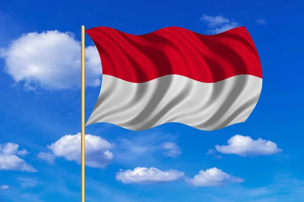 Flagga av Indonesien, Monaco, Hessen på flaggstång vågig — Stockfoto