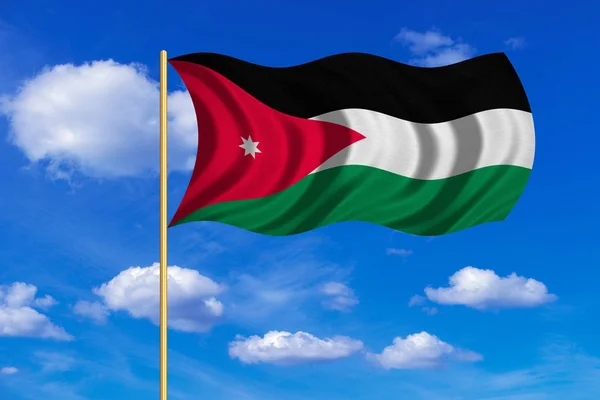 Flagge von Jordanien weht auf blauem Himmel Hintergrund — Stockfoto