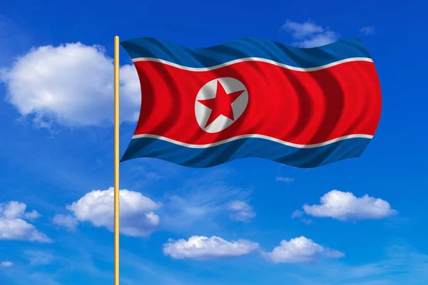 Flag of North Korea waving on blue sky background — Stock Photo, Image