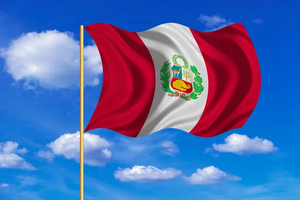 Flagga Peru viftande på blå himmel bakgrund — Stockfoto