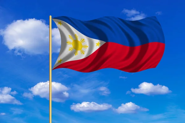 Mavi gökyüzü zemin üzerinde dalgalı Filipinler bayrağı — Stok fotoğraf