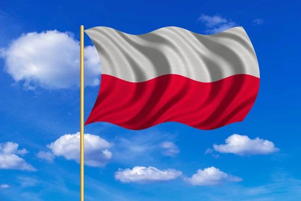 Bandeira da Polônia acenando no fundo do céu azul — Fotografia de Stock