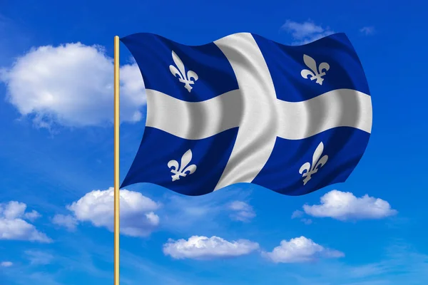 Flag of Quebec waving on blue sky background