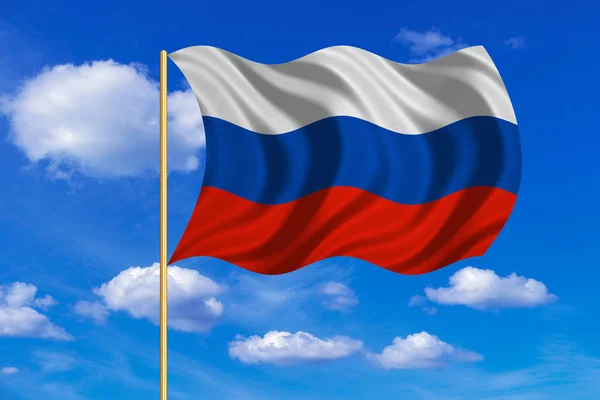 Flaga Rosji macha na tle niebieskiego nieba — Zdjęcie stockowe