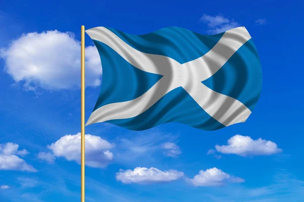 Flag of Scotland waving on blue sky background — Stock Photo, Image