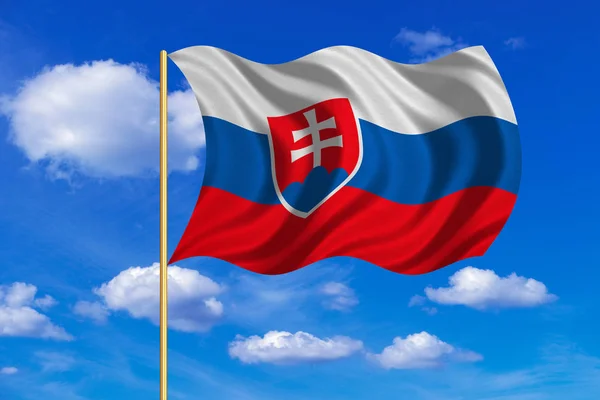 Flagga Slovakien viftande på blå himmel bakgrund — Stockfoto