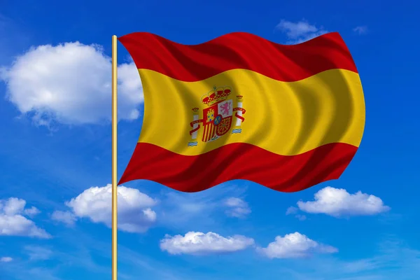 Flagga Spanien vinka på blå himmel bakgrund — Stockfoto