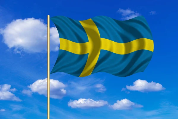 Bandeira da Suécia acenando no fundo do céu azul — Fotografia de Stock