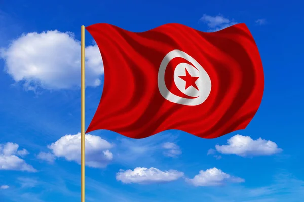 Flagga Tunisien viftande på blå himmel bakgrund — Stockfoto