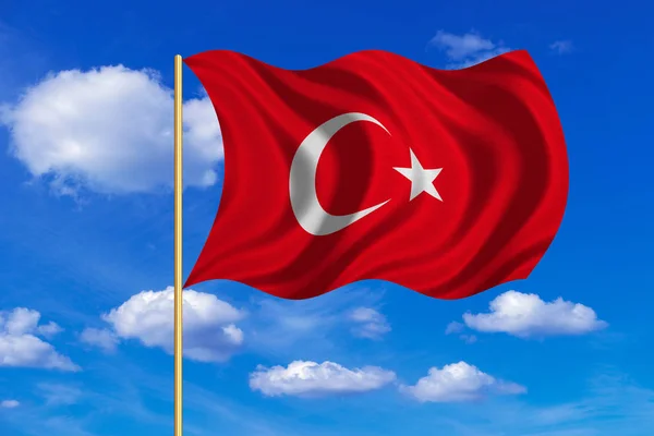 Bandeira da Turquia acenando no fundo do céu azul — Fotografia de Stock