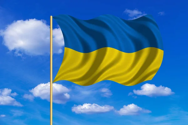 Bandeira da Ucrânia acenando no fundo do céu azul — Fotografia de Stock