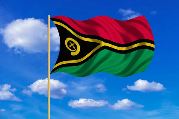 Flagga Vanuatu viftande på blå himmel bakgrund — Stockfoto