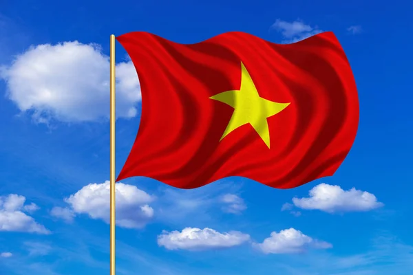 Vlag van Vietnam zwaaien op blauwe hemelachtergrond — Stockfoto