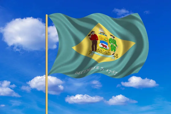 Flag of Delaware waving on blue sky background — Stock Photo, Image