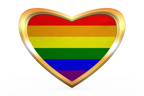 Rainbow gay pride flag, heart shape, golden frame — Stock Photo, Image
