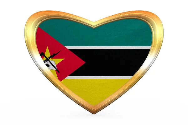 Flagge von Mosambik in Herzform, goldener Rahmen — Stockfoto