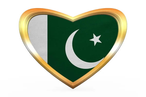 Pakistans flagga i hjärtat form, gyllene ram — Stockfoto