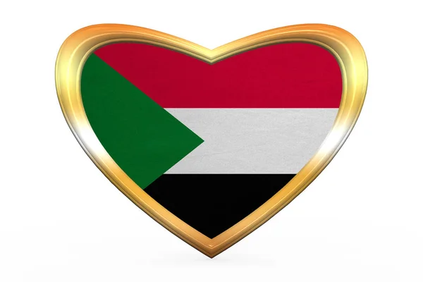 Bandiera del Sudan a forma di cuore, cornice dorata — Foto Stock