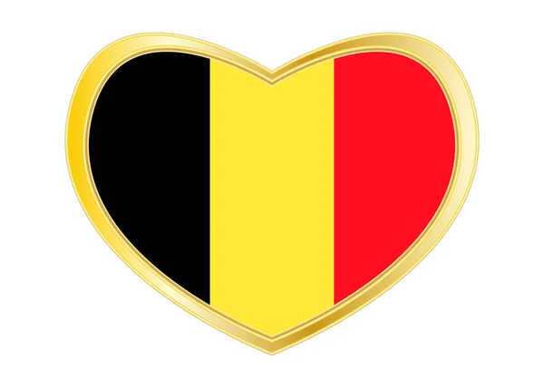 Belgiens flagga i hjärtat form, gyllene ram — Stock vektor