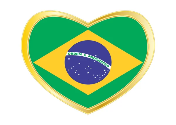 Flagge Brasiliens in Herzform, goldener Rahmen — Stockvektor