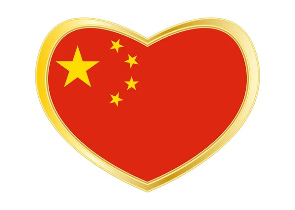 Kina flagga i hjärtat form, gyllene ram — Stock vektor