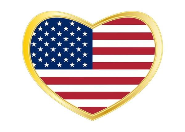 Vlag van de Verenigde Staten in hart vorm, gouden frame — Stockvector