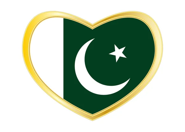 Pakistans flagga i hjärtat form, gyllene ram — Stock vektor