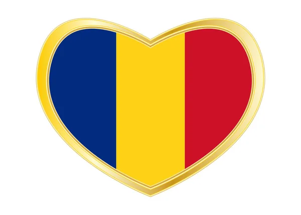 Kalp şekli, altın çerçeve Romanya bayrağı — Stok Vektör