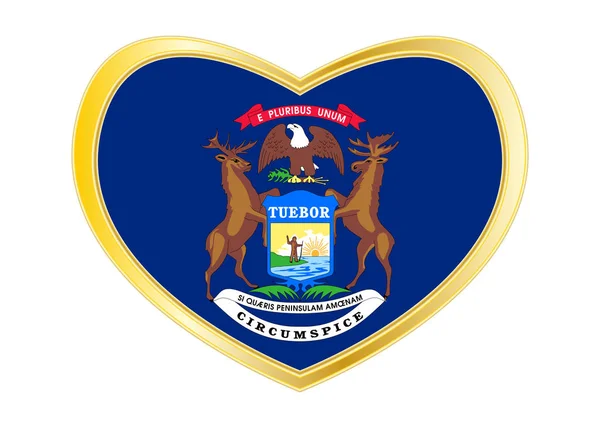 密歇根州的心形状，金色框架中的旗帜 — 图库矢量图片
