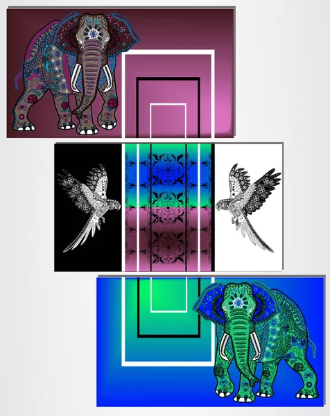 Triptyque avec deux éléphants colorés et des perroquets noirs et blancs sur fond abstrait — Image vectorielle