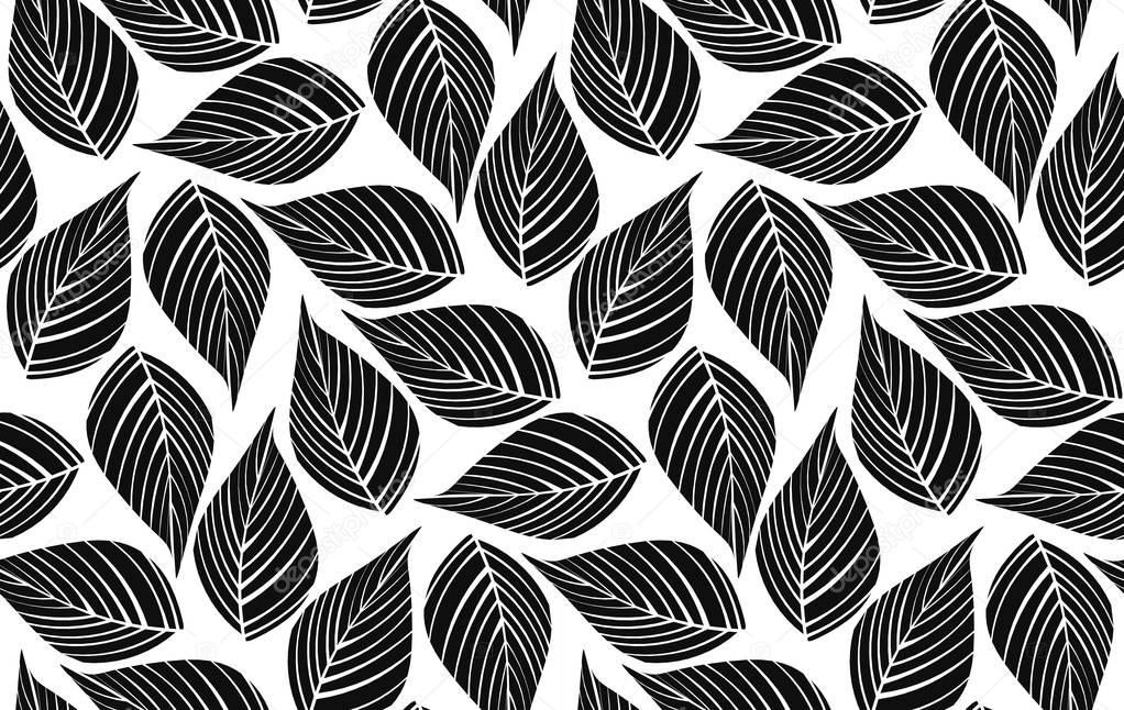 Vector illustration. Seamless black and white pattern from leaves. 