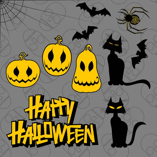 Cadılar Bayramı karikatür tarzı için karakter kümesi. Siyah ve sarı renk. Vektör çizim