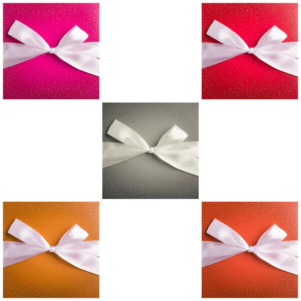multiple images of colored gift box with white ribbon