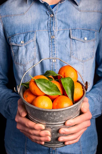 tangerines bucket in hands