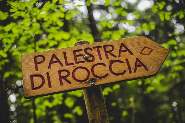 Segnale sentiero nel bosco in un giorno di pioggia Alpi Italia — Foto Stock