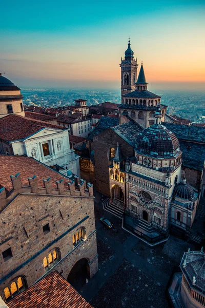 Bergamo Alta Centro Storico Tramonto Maria Maggiore Piazza Vecchia Lombardia — Foto Stock