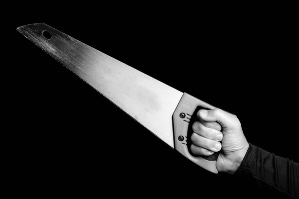 Säge Werkzeug Der Hand Eines Mannes Schwarz Weiß Foto — Stockfoto