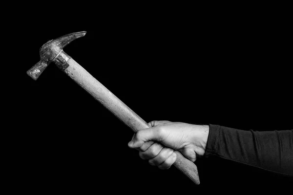 Maurer Hammer Werkzeug Der Hand Eines Mannes Schwarz Weiß Foto — Stockfoto
