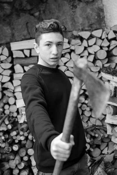 Young Teenager Axe Hands Black White Photo — Stock Photo, Image