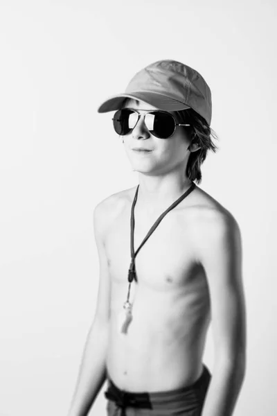 Young Lifeguard Boy Black White Photo — Stock Photo, Image