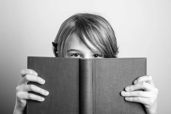 Young Blonde Smiling Guy Book Black White Photo — Stock Photo, Image