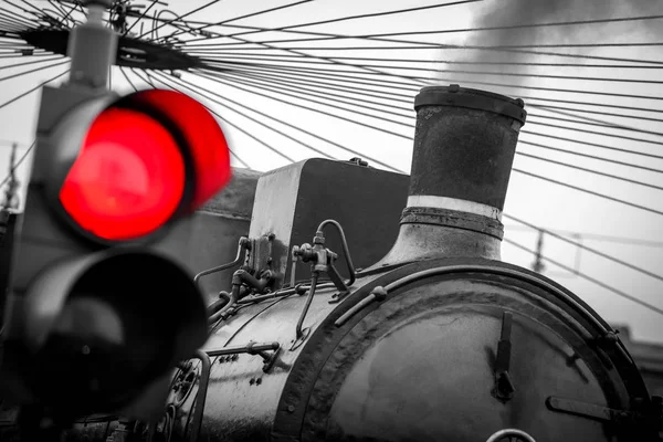 Vieux Train Avec Feu Rouge Image Noir Blanc — Photo