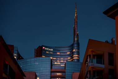MILAN,ITALY - CIRCA FEBRUARY 2020: Milan Italy, Porta Garibaldi District. Gae Aulenti Square. Unicredit Tower. clipart
