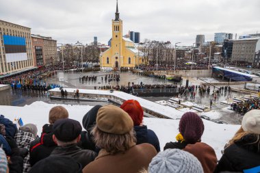 Tallinn, Estonya - 24 Şubat 2016: Kutlama gün, bağımsızlık ve Özgürlük Meydanı Tallinn, Estonya Savunma Kuvvetleri geçit. Tatil Estonya insanlarla tanışmak