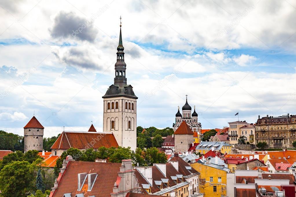 St. Nicholas Church and red roofs in Tallinn, Estonia.