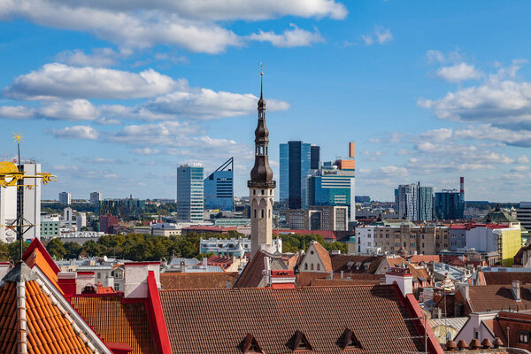 ТАЛЛИН, ЭСТОНИЯ - 25 авг 2015: Шпиль старой ратуши "Старый Томас" на фоне современного города
