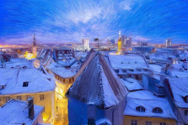 Живописный зимний вечерний вид на Старый город. Цифровая живопись — стоковое фото