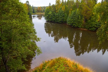 Dik yamaçlarda yeşil ağaçlar gölet