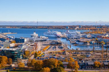 Tallinn, Estonya - 24 Okt 2015. Feribot ile Tallinn liman manzarası. Tallinn liman Estonya'da en büyük port authority olduğunu.